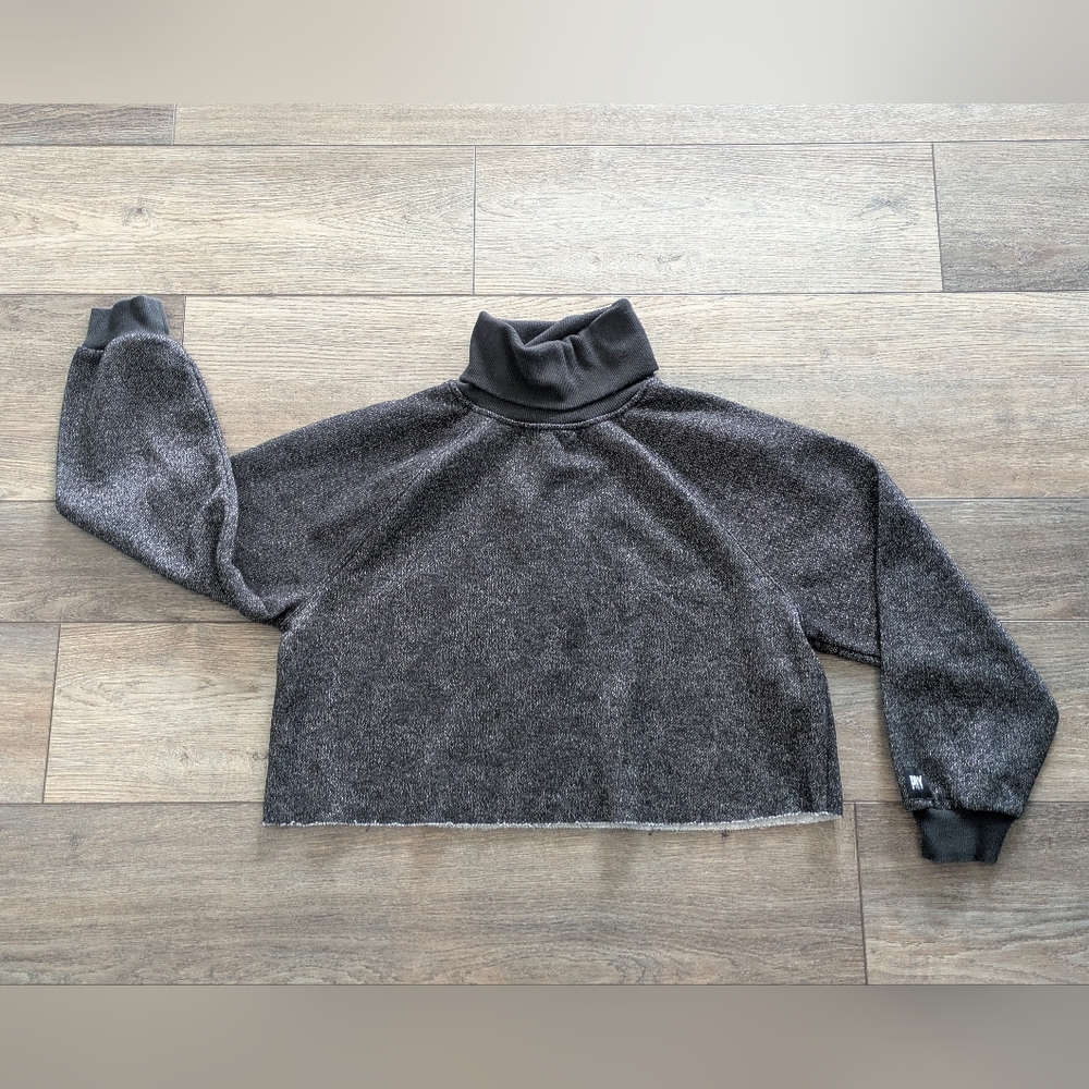 DKNY Sport Sweater Women Dark Gray Cropped Sparkle Fleece Turtleneck Pullover XS